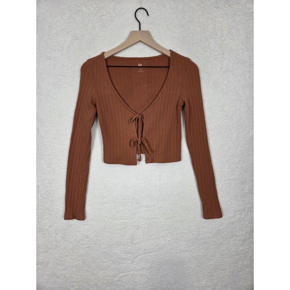 Y2k Cardigan Sweater XS Brown Ribbed Tie Front Crop Stretch Knit Fairy Grunge